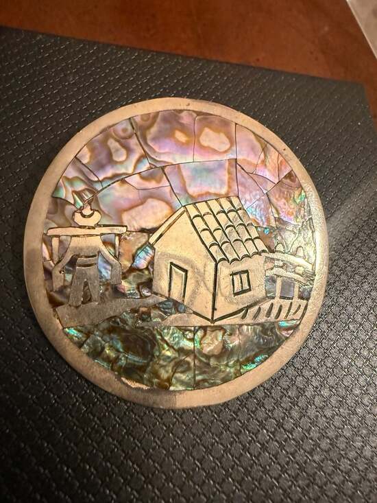 Taxco Jewelry - Vintage Taxco Mexico Sterling Silver Abalone Inlay Round Brooch Pendant